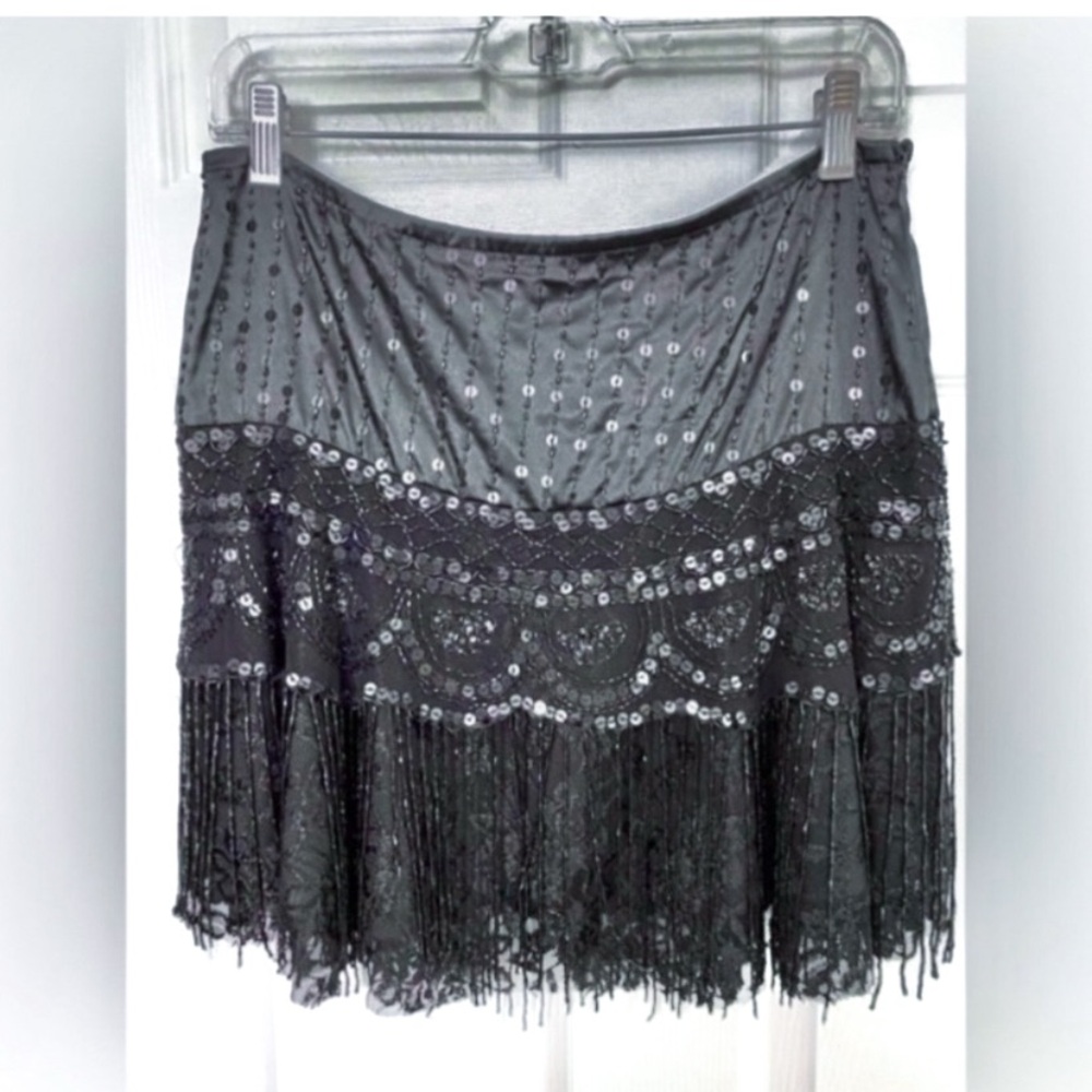 Black Satin & Lace Mini Skirt with Sequins & Beaded Fringes